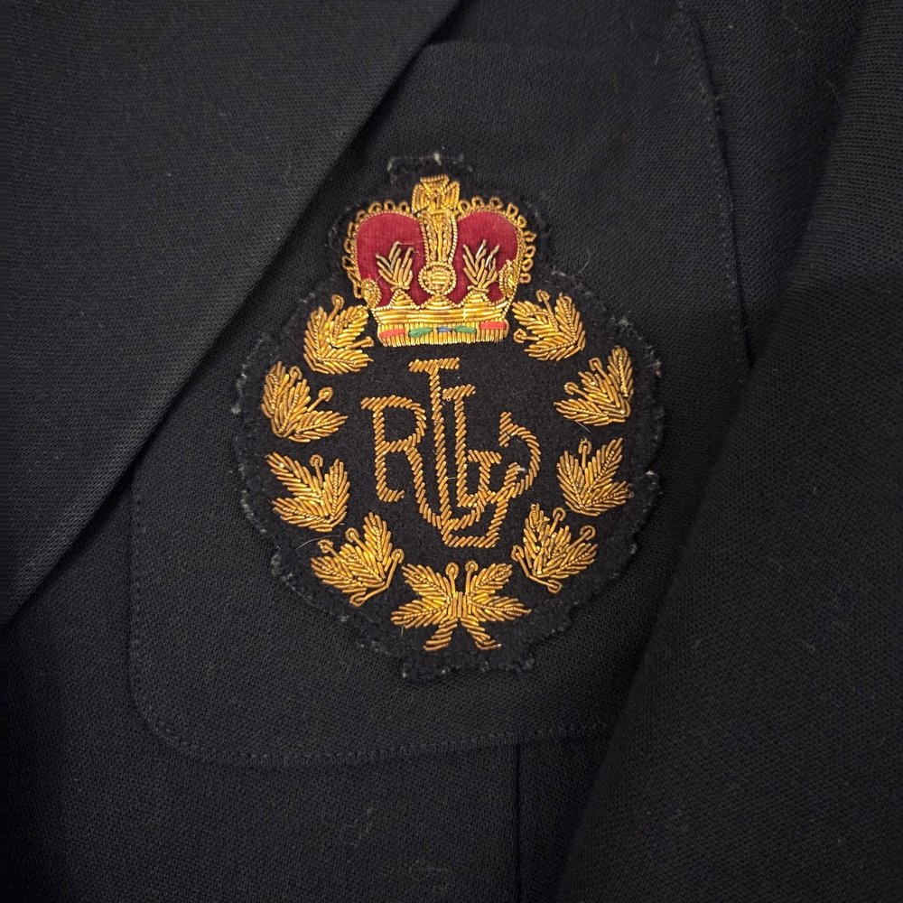 Vintage Lauren Ralph Lauren Navy Wool Double-Breasted Blazer + Embroidered Crest - Picture 8 of 13